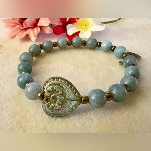 Artisan Blue Czech Glass Heart with Beautiful Burmese Jade